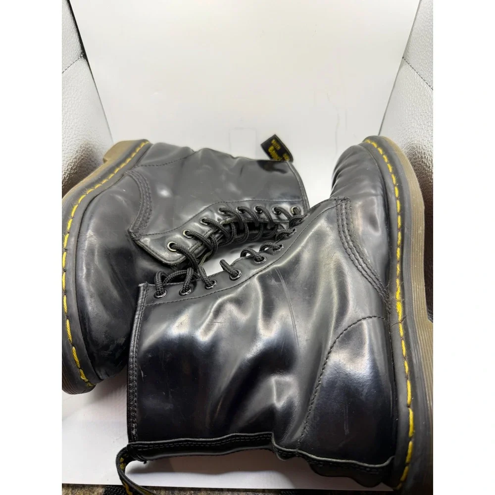 Dr. Martens 1460 8 Eye Black Smooth Leather Combat Boots Yellow Stitching